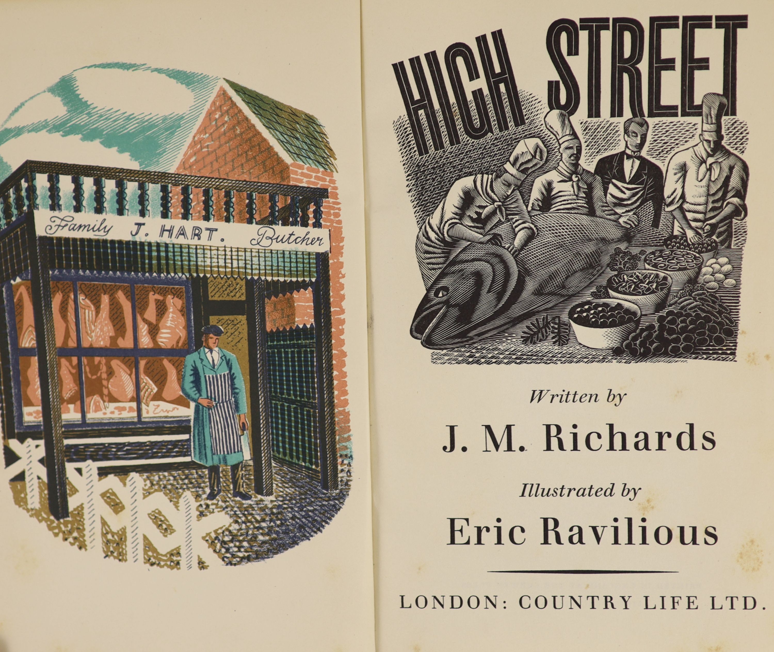 Richards, J.M - High Street, illustrated by Eric Ravilious, 8vo, original pictorial boards, with 24 coloured lithographs, Country Life, London, 1938